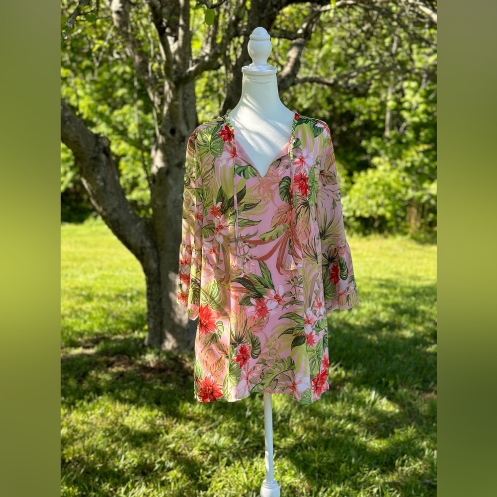 J. Jill Women's Tropical Floral Print Pink 3/4 Sleeve Blouse Size‎ Large Petite